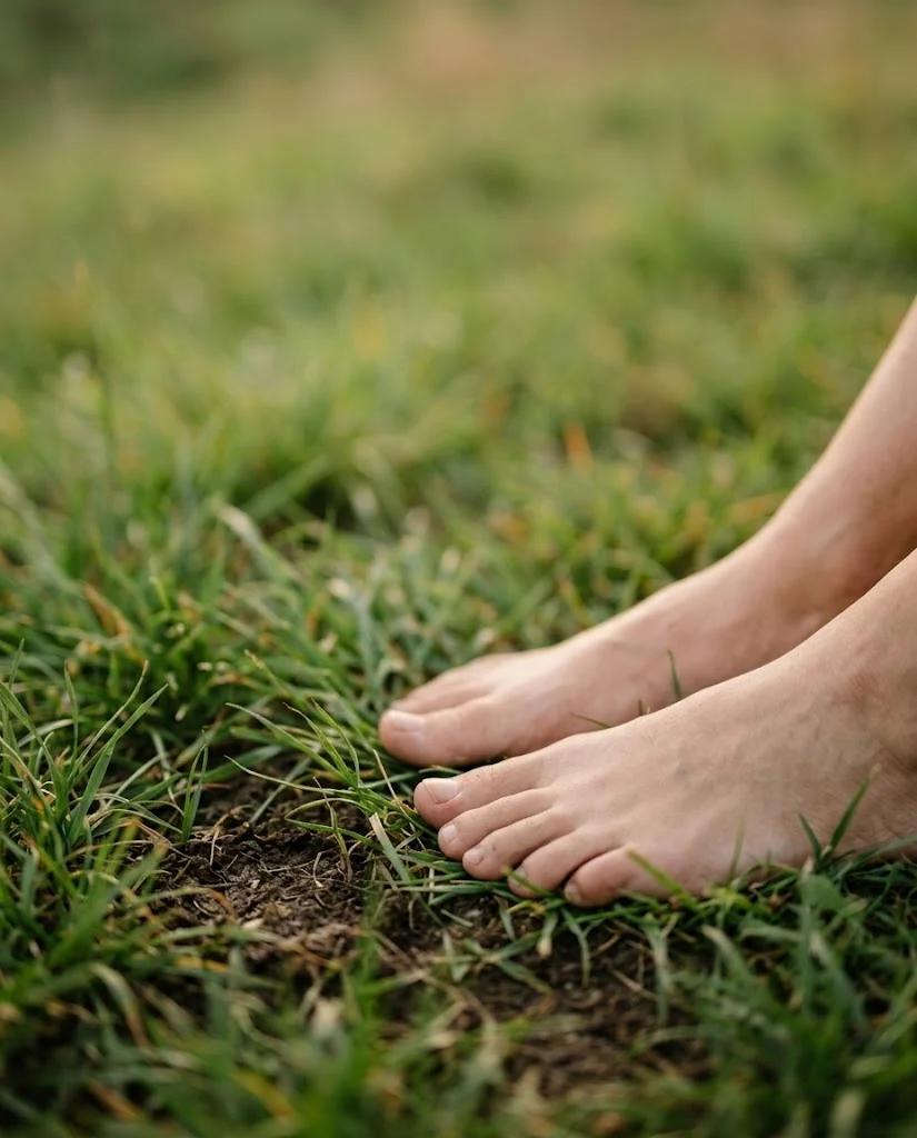 Close-up of bare feet standing on green grass