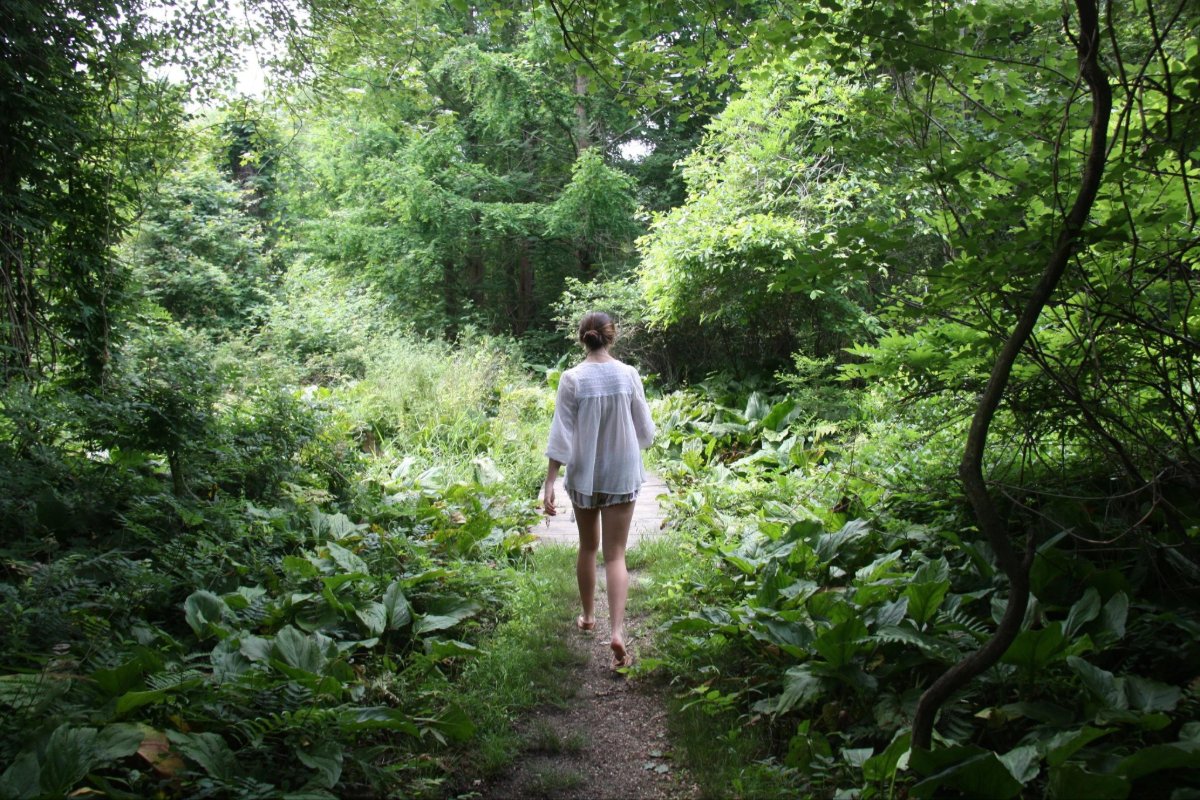 A person walking alone along a narrow path through dense green woodland