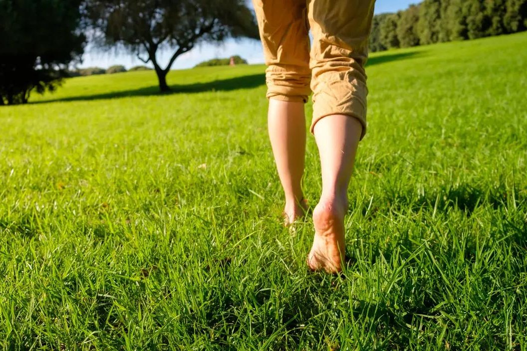 Bare feet walking away across a bright green sunlit lawn